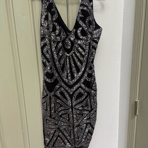 Flapper Dress Roaring 20's Style Black Dress, Silver Sequins Large
